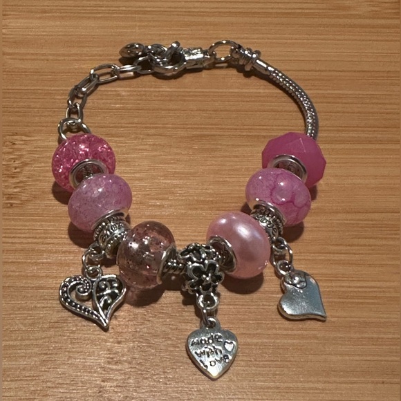 Hand Crafted Jewelry - European Style Charm Bracelet Pink  6 inch to 7.5 inch Wrist